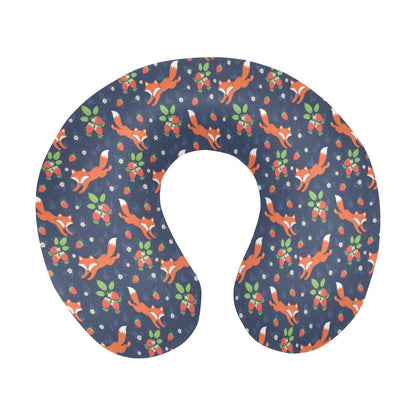 Fox Strawberry Print Pattern U-Shaped Travel Neck Pillow-JTAMIGO.COM