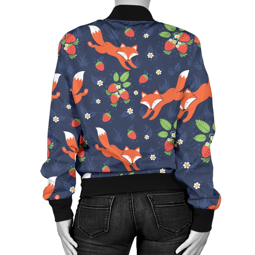 Fox Strawberry Print Pattern Women Casual Bomber Jacket