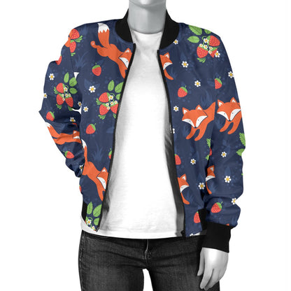 Fox Strawberry Print Pattern Women Casual Bomber Jacket