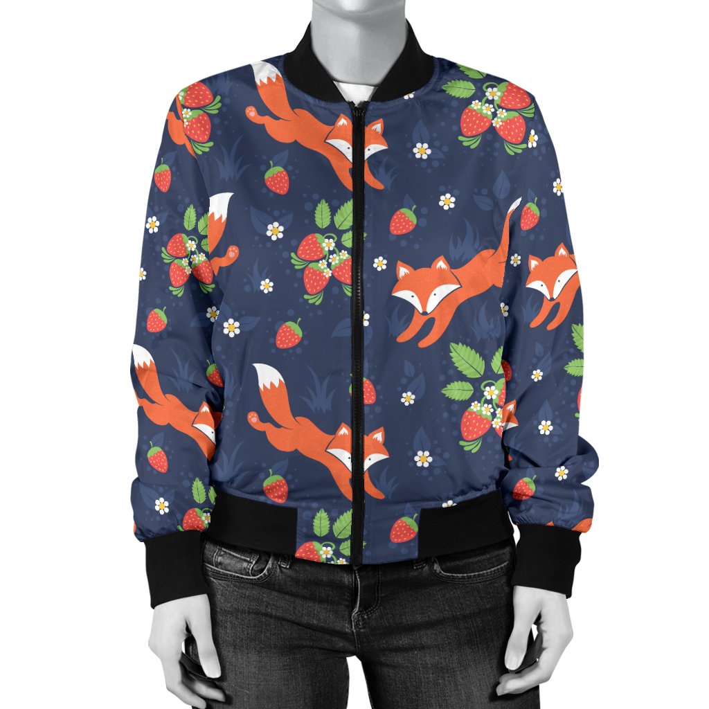 Fox Strawberry Print Pattern Women Casual Bomber Jacket