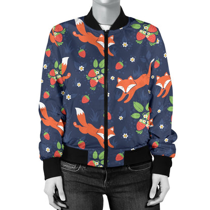 Fox Strawberry Print Pattern Women Casual Bomber Jacket