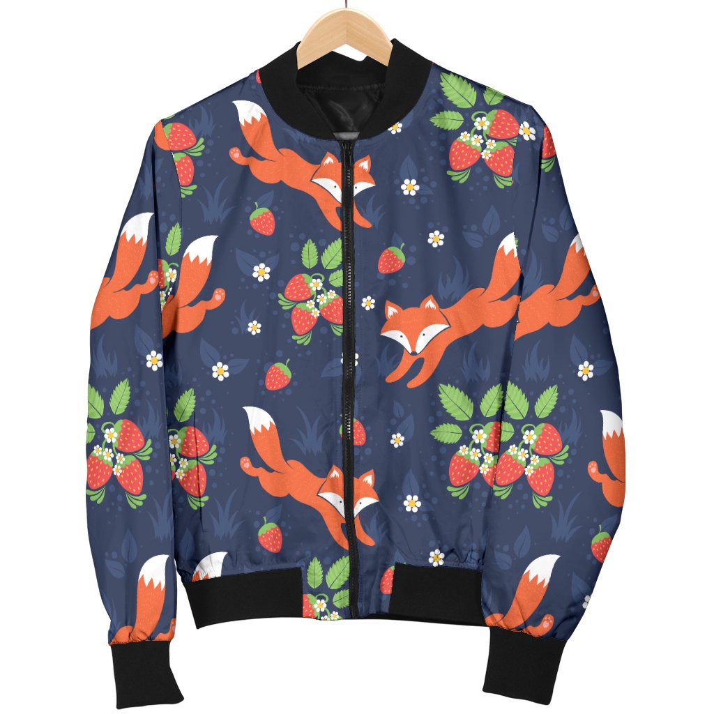 Fox Strawberry Print Pattern Women Casual Bomber Jacket