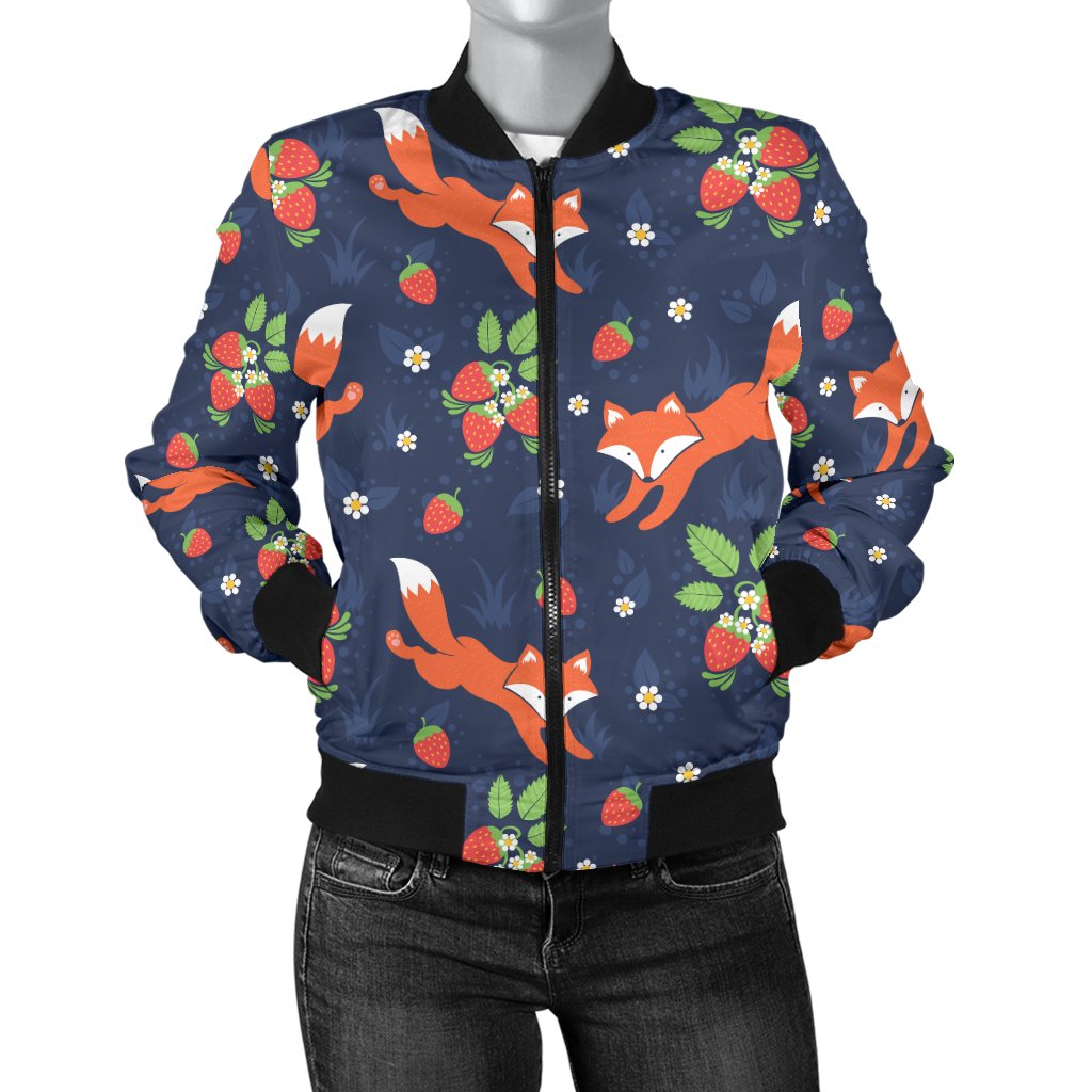 Fox Strawberry Print Pattern Women Casual Bomber Jacket