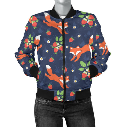 Fox Strawberry Print Pattern Women Casual Bomber Jacket