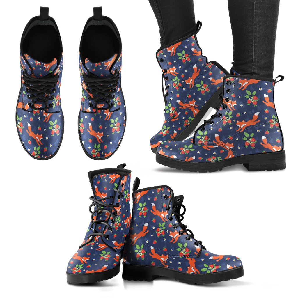 Fox Strawberry Print Pattern Women Leather Boots-JTAMIGO.COM