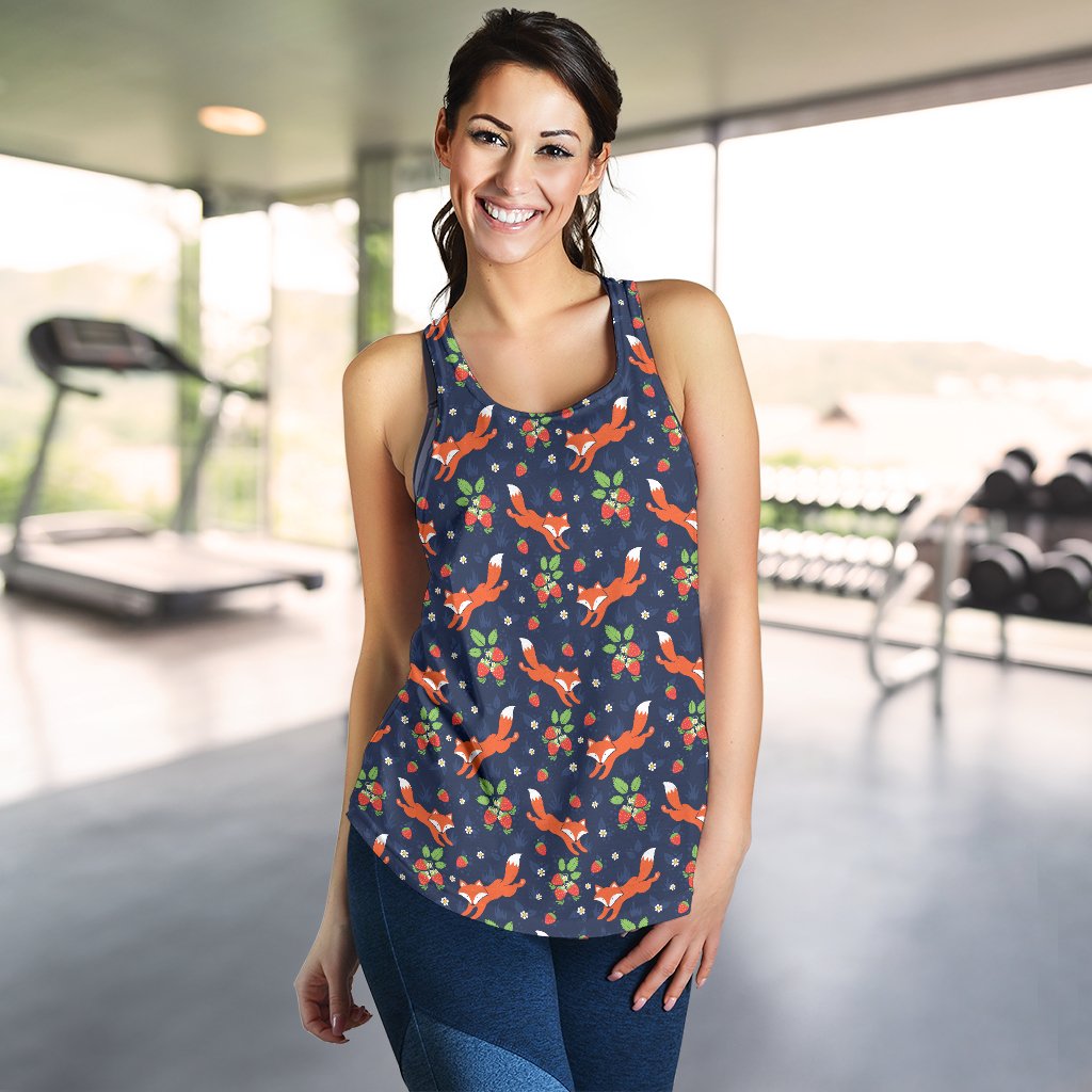 Fox Strawberry Print Pattern Women Racerback Tank Top