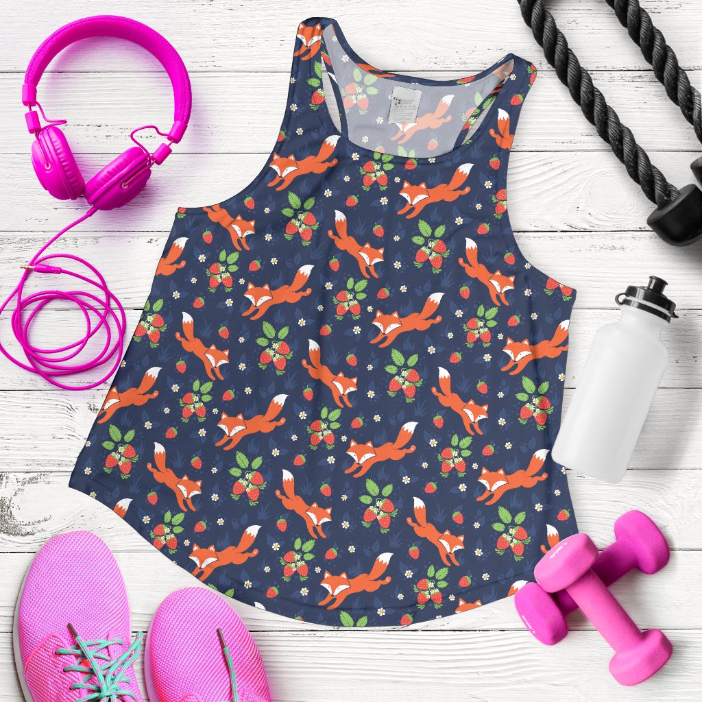 Fox Strawberry Print Pattern Women Racerback Tank Top