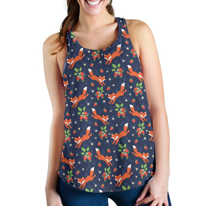 Fox Strawberry Print Pattern Women Racerback Tank Top