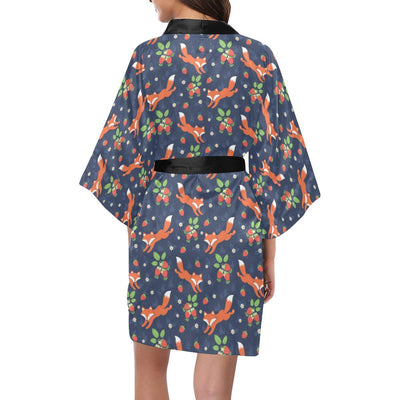 Fox Strawberry Print Pattern Women Short Kimono Robe