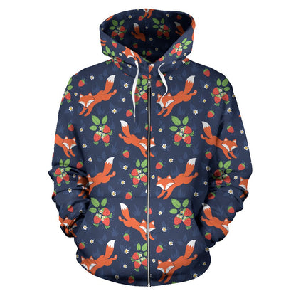 Fox Strawberry Print Pattern Zip Up Hoodie