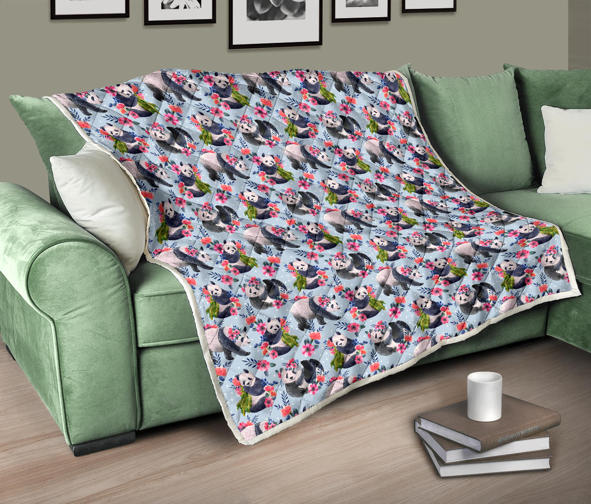 Panda Bear Flower Design Themed Print Quilt Bedspread
