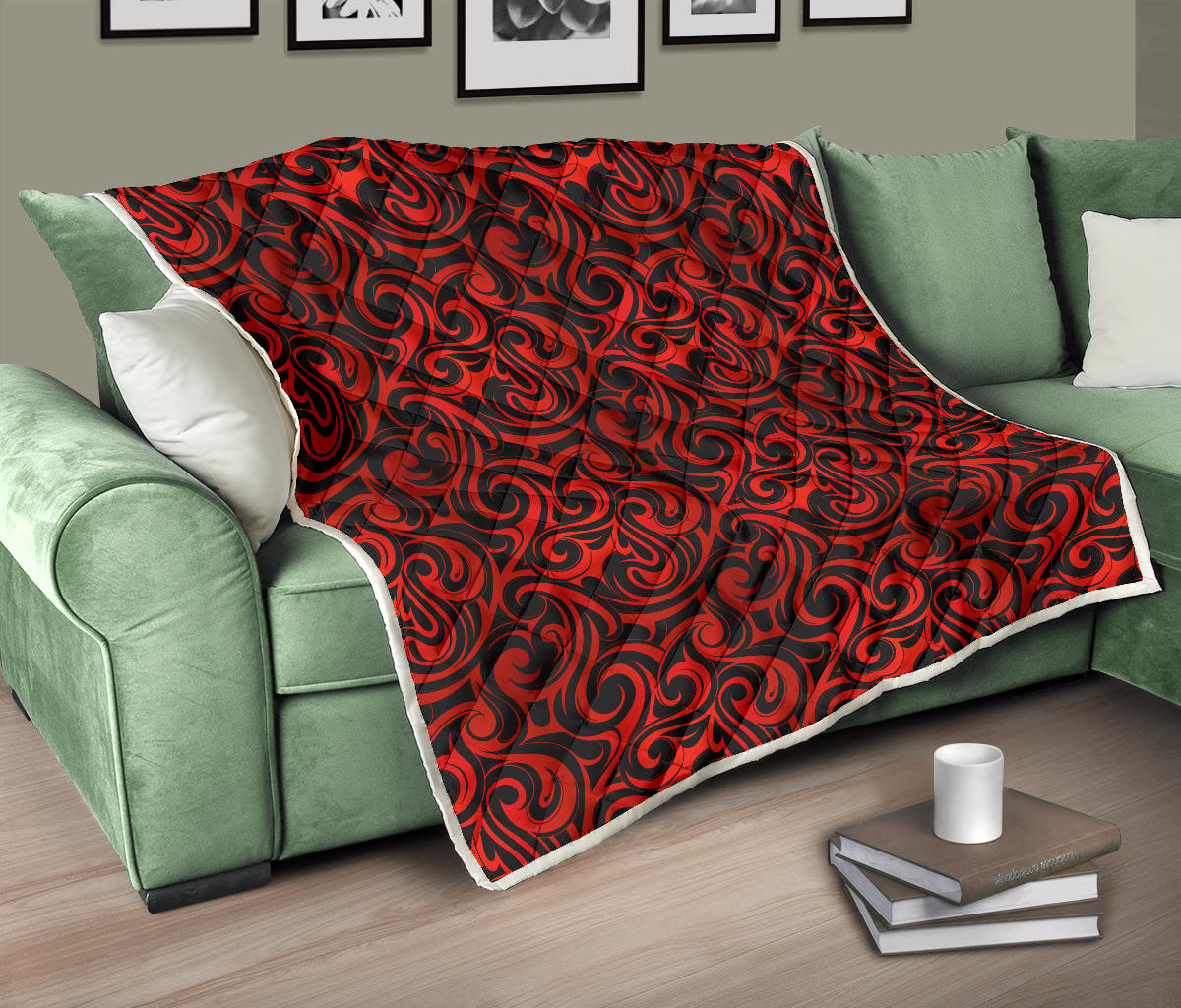 Maori Red Black Themed Design Quilt Bedspread
