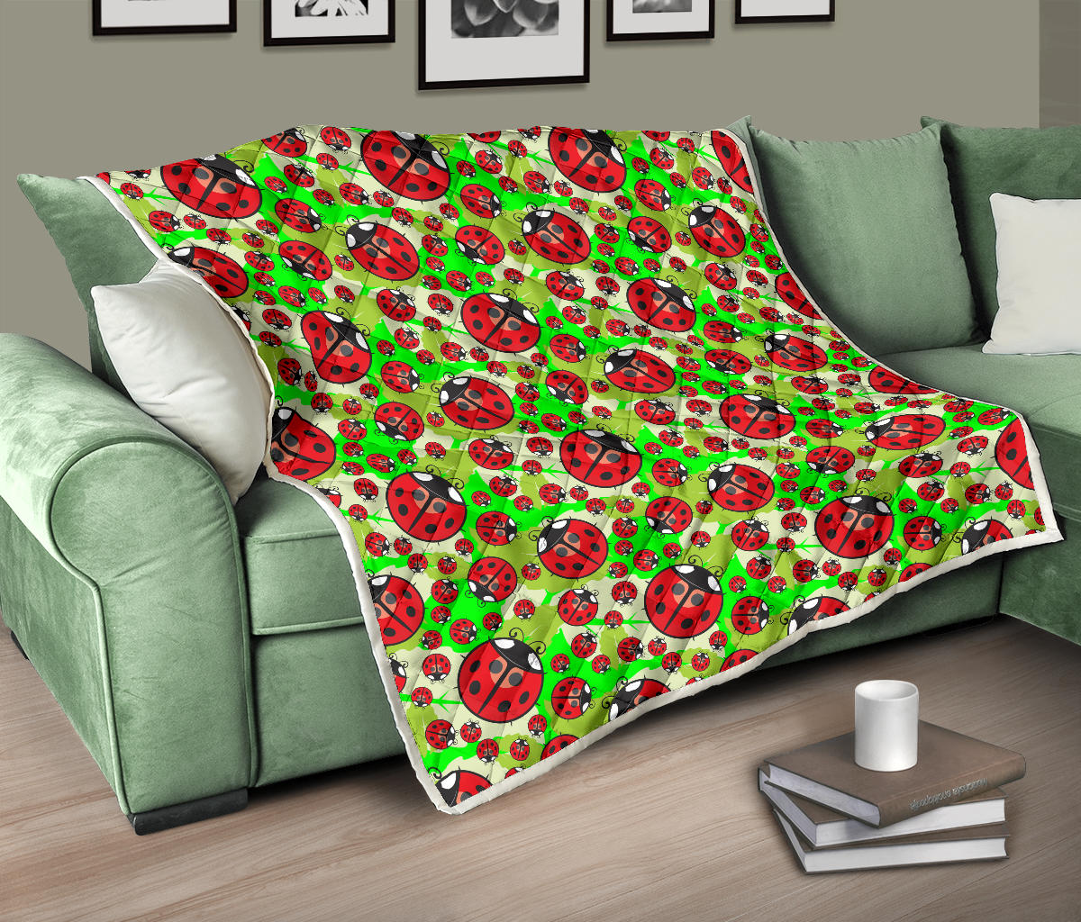 Ladybug with Leaf Print Pattern Quilt Bedspread