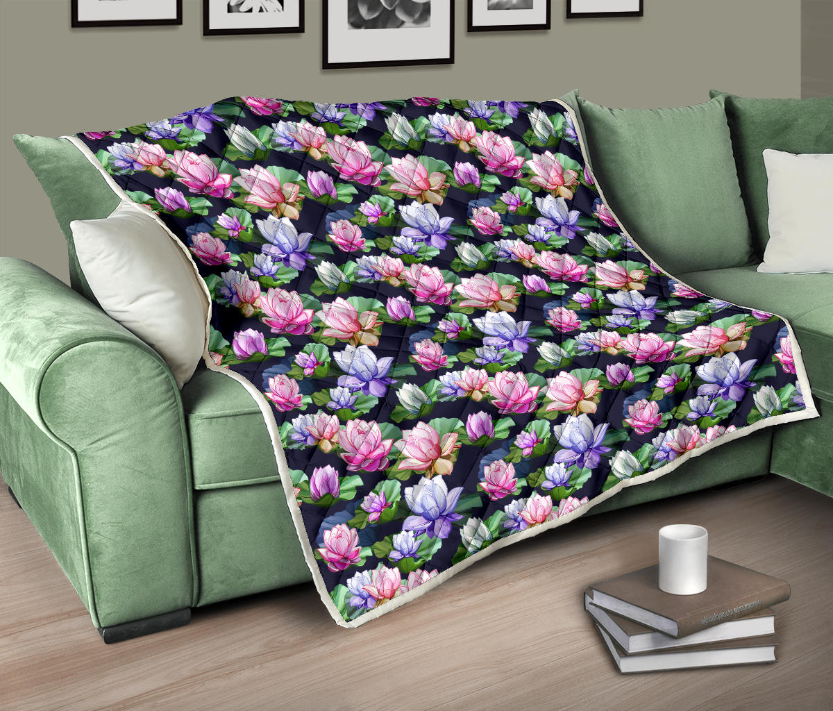 Lotus Flower Print Design Quilt Bedspread