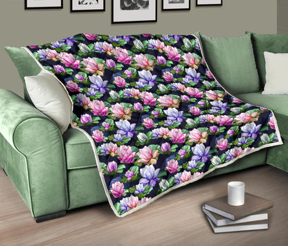 Lotus Flower Print Design Quilt Bedspread