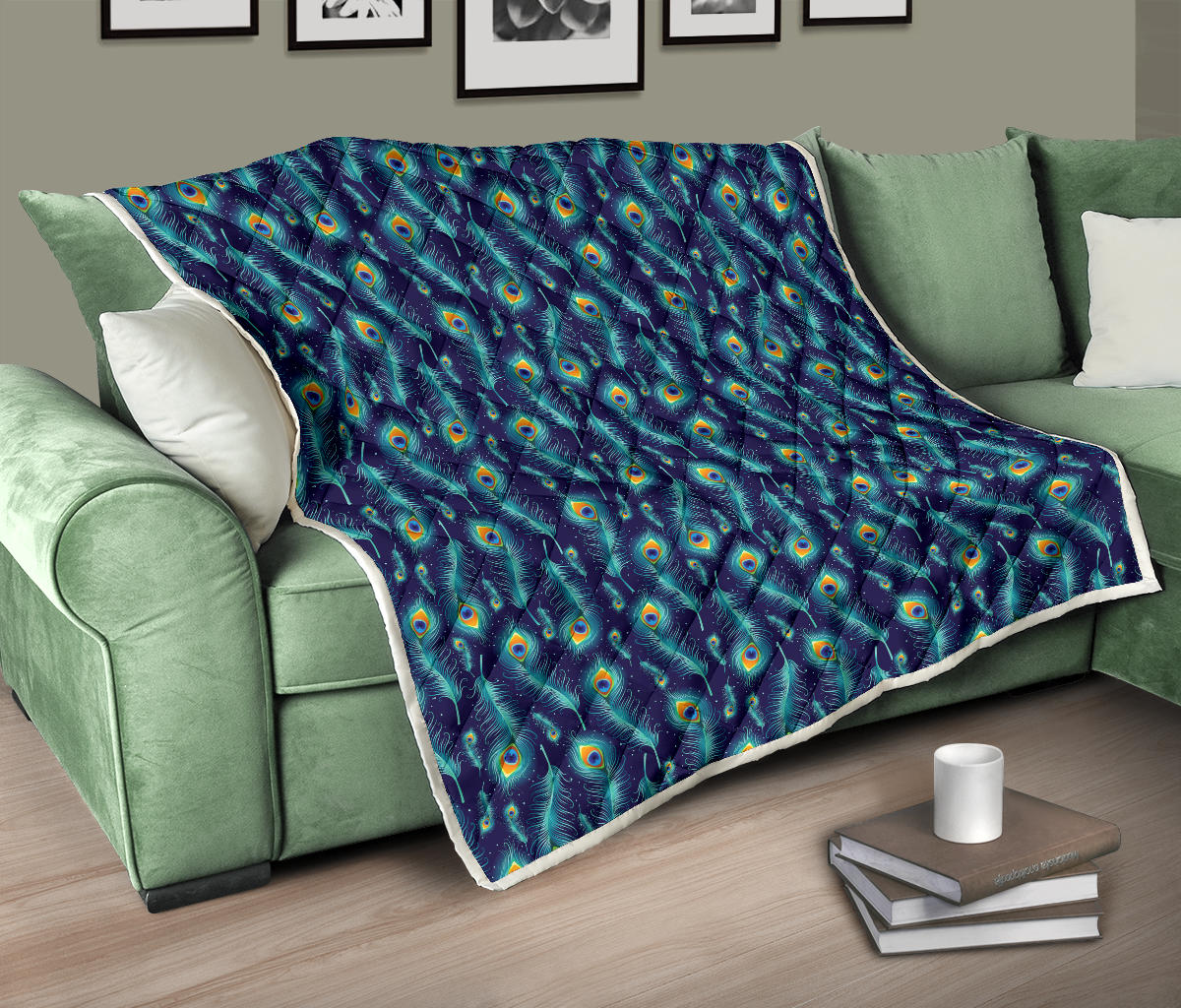 Peacock Feather Blue Design Print Quilt Bedspread