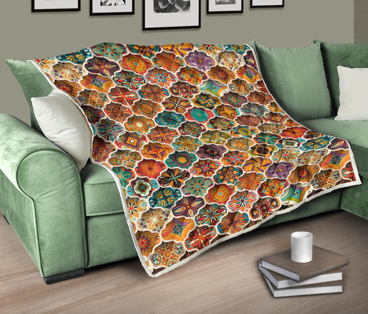 Mandala Mosaic Themed Design Print Quilt Bedspread