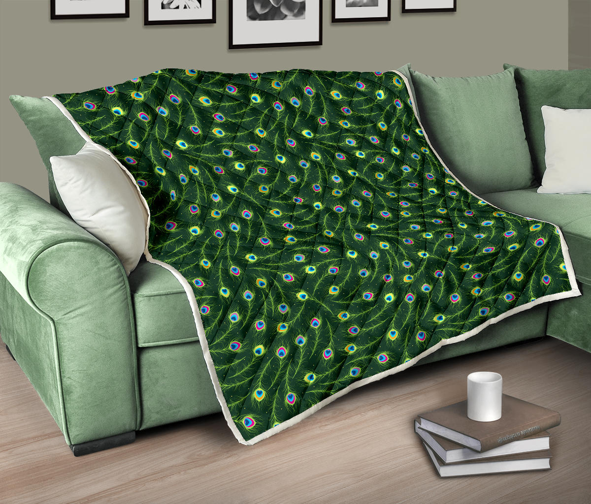 Peacock Feather Green Design Print Quilt Bedspread