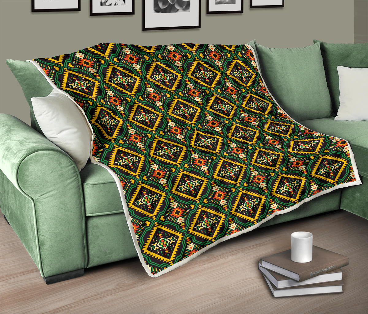 Kente Green Design African Print Quilt Bedspread