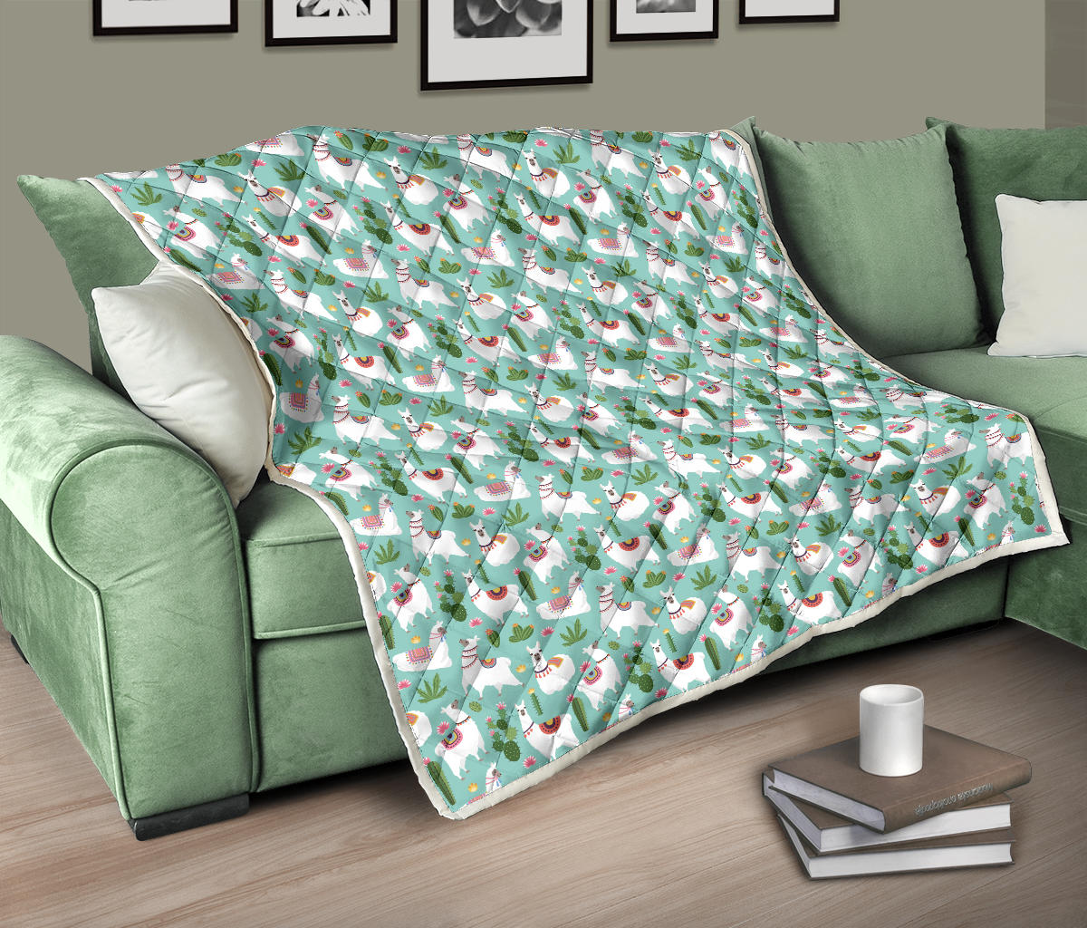 Llama with Cactus Themed Print Quilt Bedspread