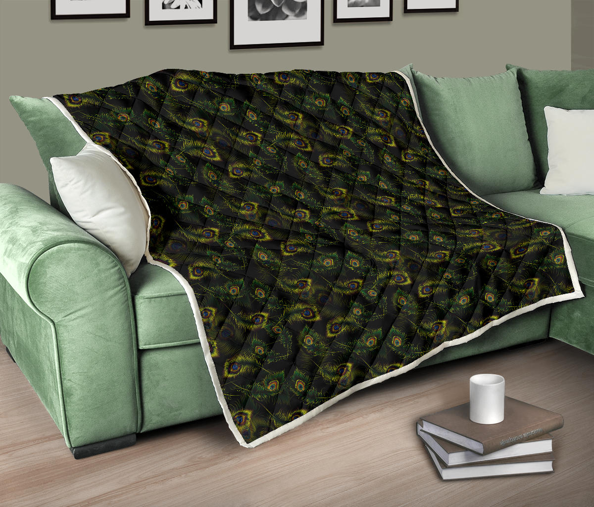 Peacock Feather Pattern Design Print Quilt Bedspread