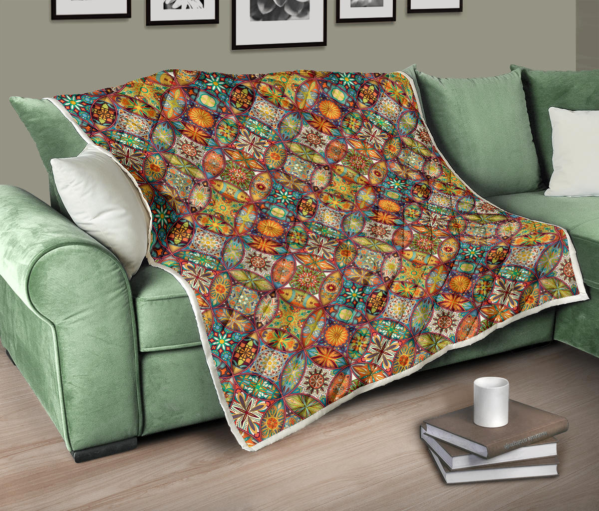 Mandala Flower Themed Design Print Quilt Bedspread