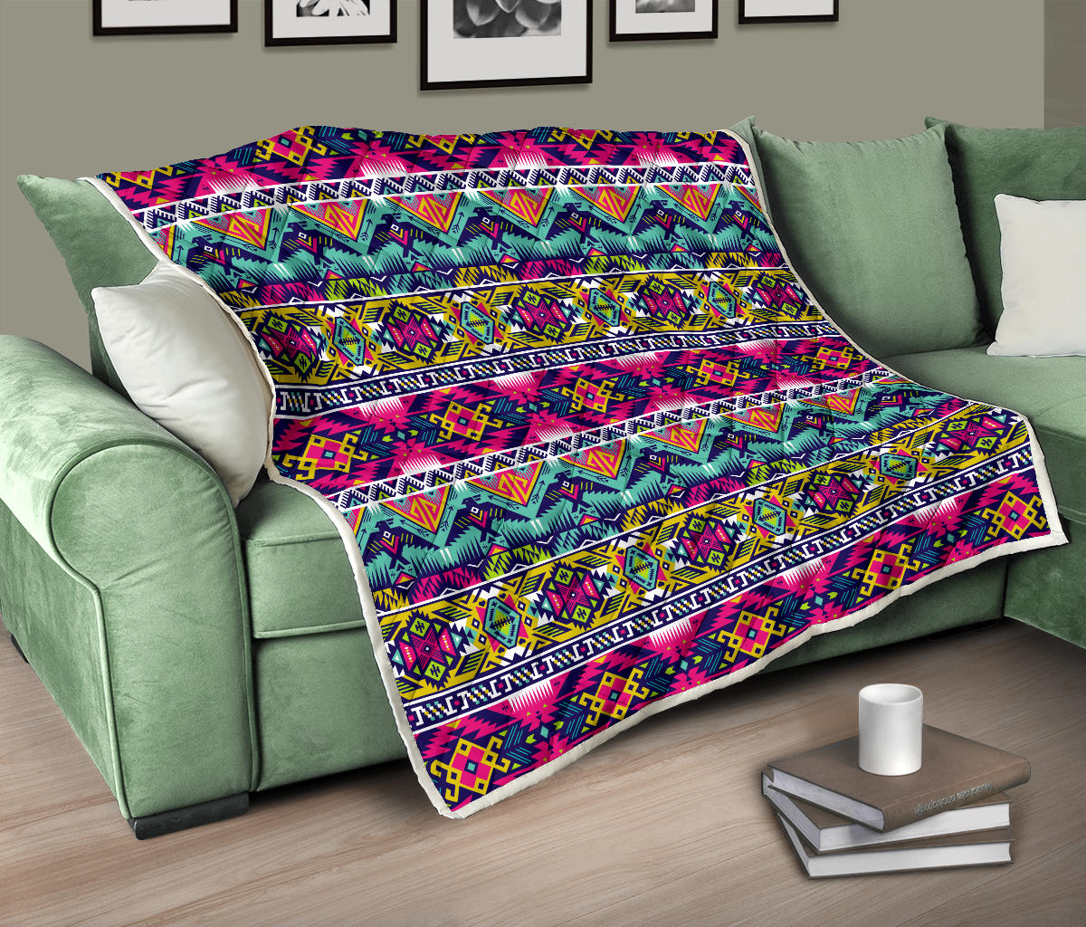 Indian Navajo Color Themed Design Print Quilt Bedspread