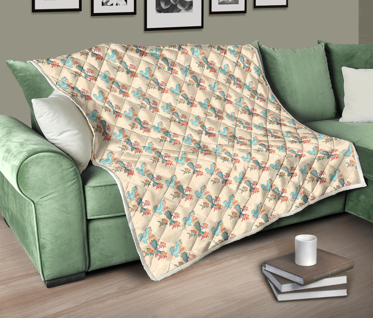 Mermaid Girl With Fish Design Print Quilt Bedspread