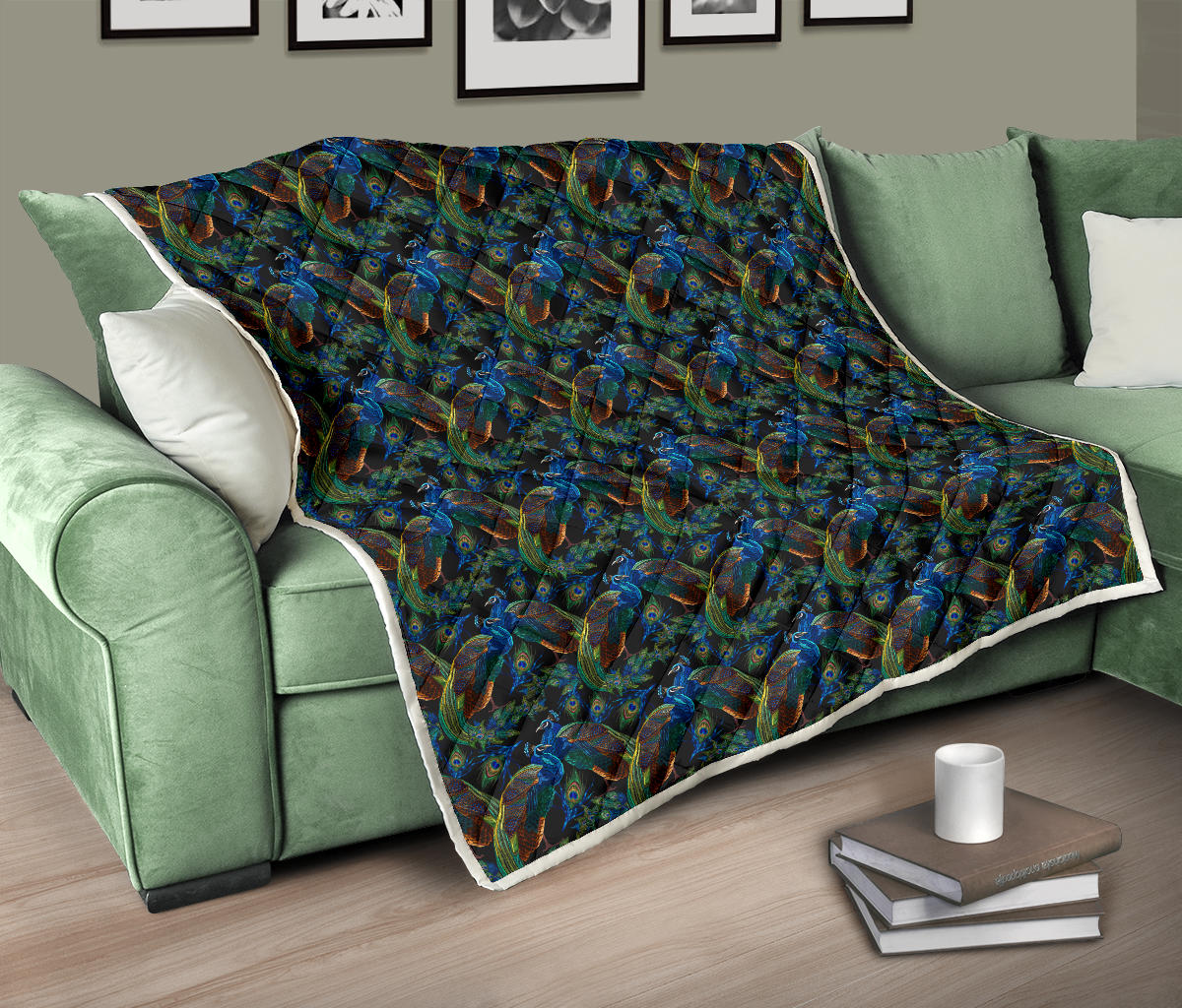 Peacock Themed Design Print Quilt Bedspread