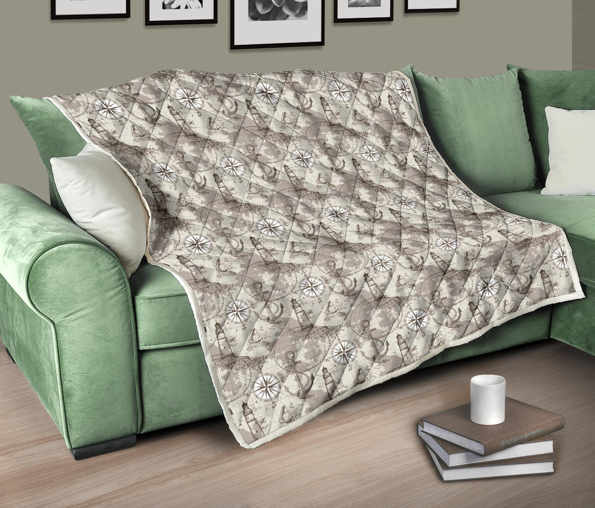 Nautical Map Design Themed Print Quilt Bedspread