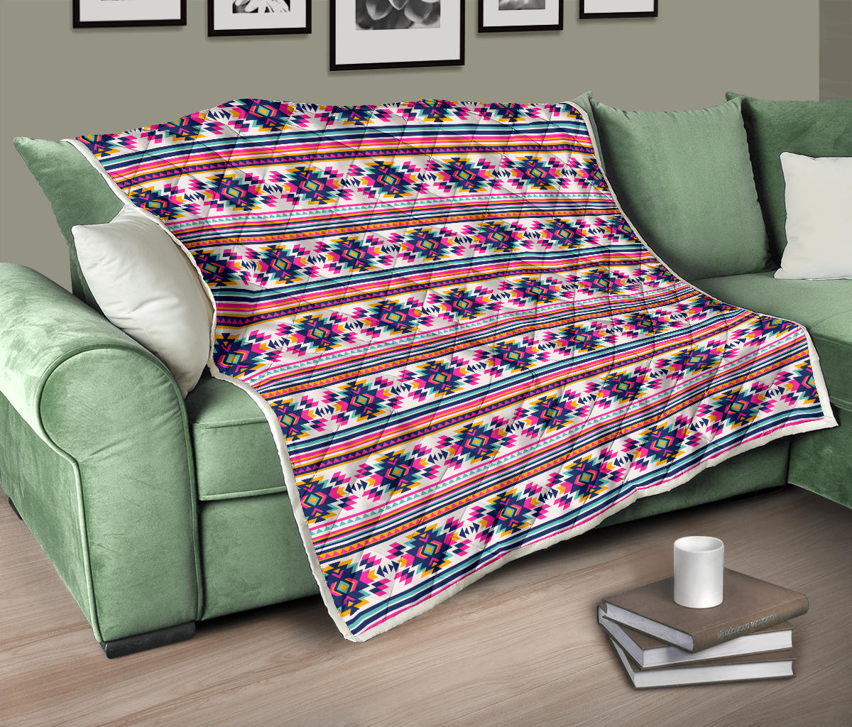 Indian Navajo Neon Themed Design Print Quilt Bedspread