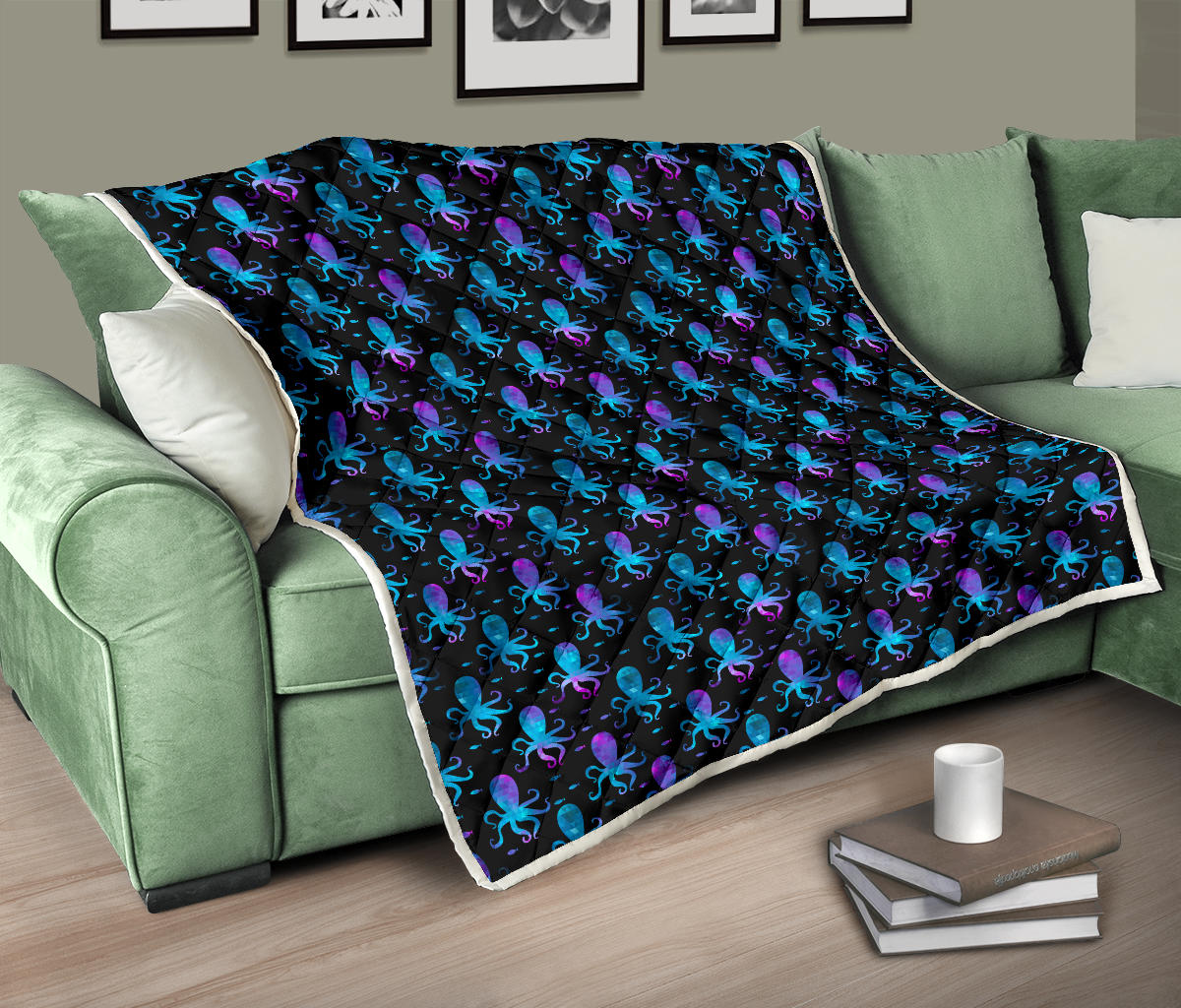 Octopus Blue Design Print Themed Quilt Bedspread