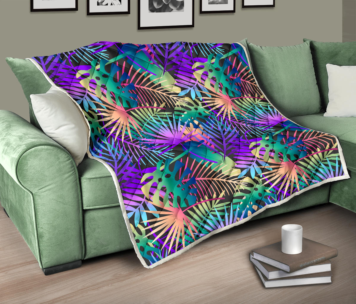 Neon Flower Tropical Palm Leaves Quilt Bedspread