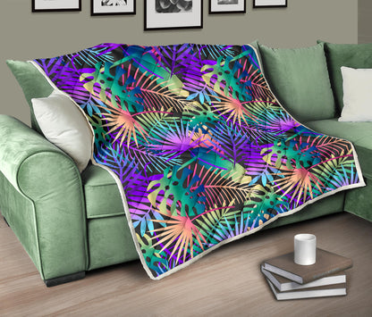 Neon Flower Tropical Palm Leaves Quilt Bedspread