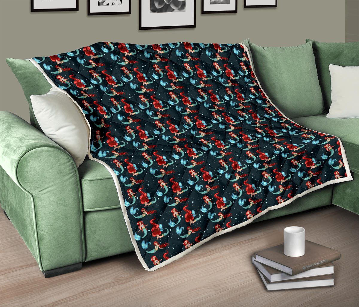 Mermaid Girl Themed Design Print Quilt Bedspread