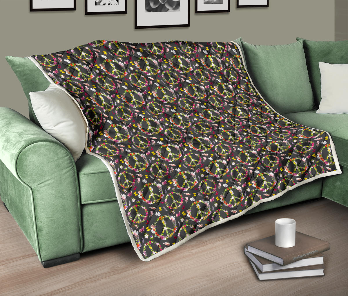 Peace Sign flowers Design Print Quilt Bedspread