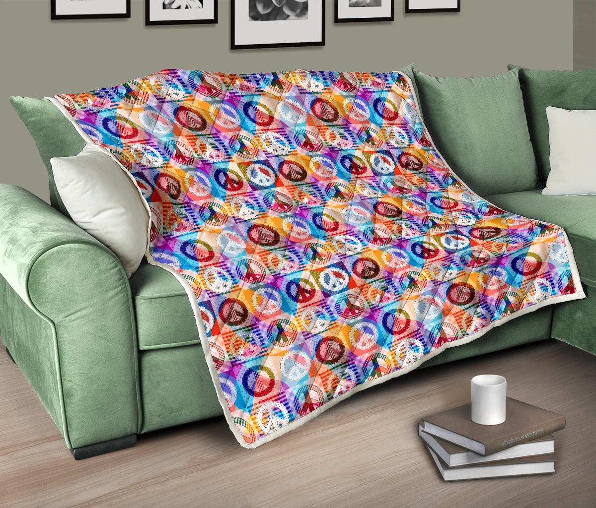 Peace Sign Patchwork Design Print Quilt Bedspread