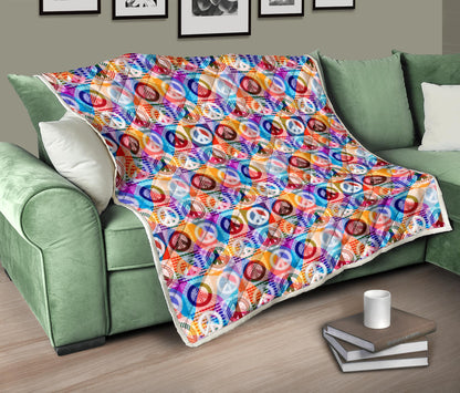 Peace Sign Patchwork Design Print Quilt Bedspread