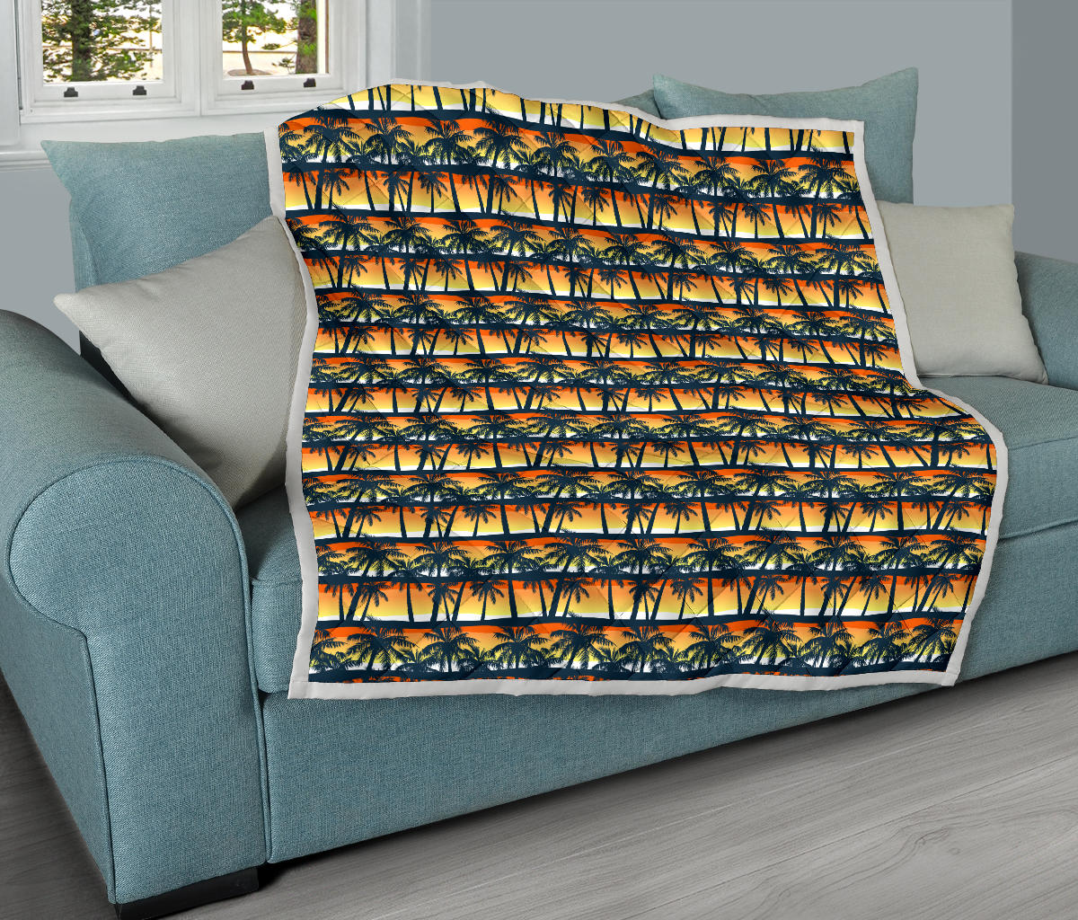 Palm Tree Sunset Design Print Quilt Bedspread