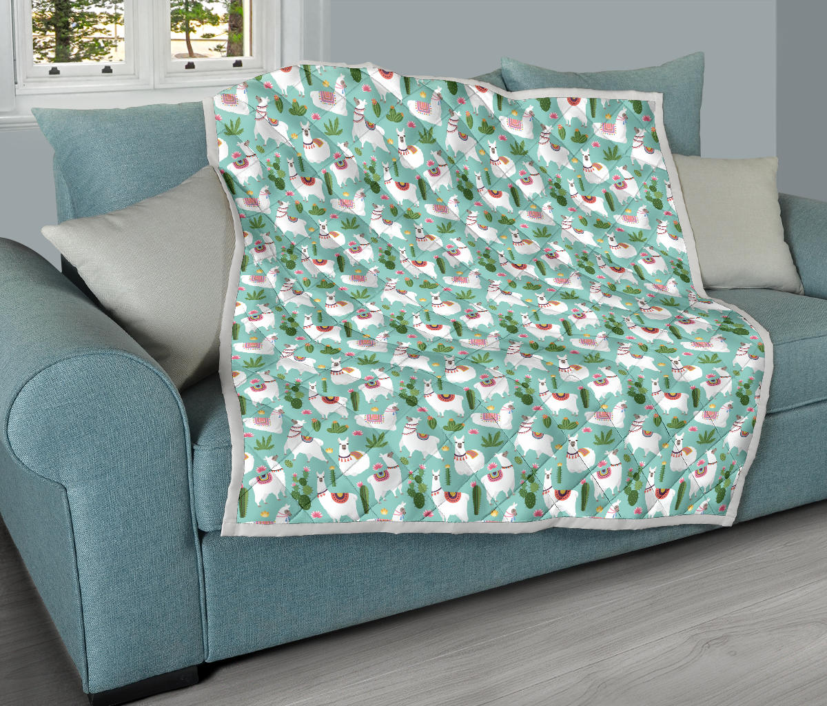 Llama with Cactus Themed Print Quilt Bedspread