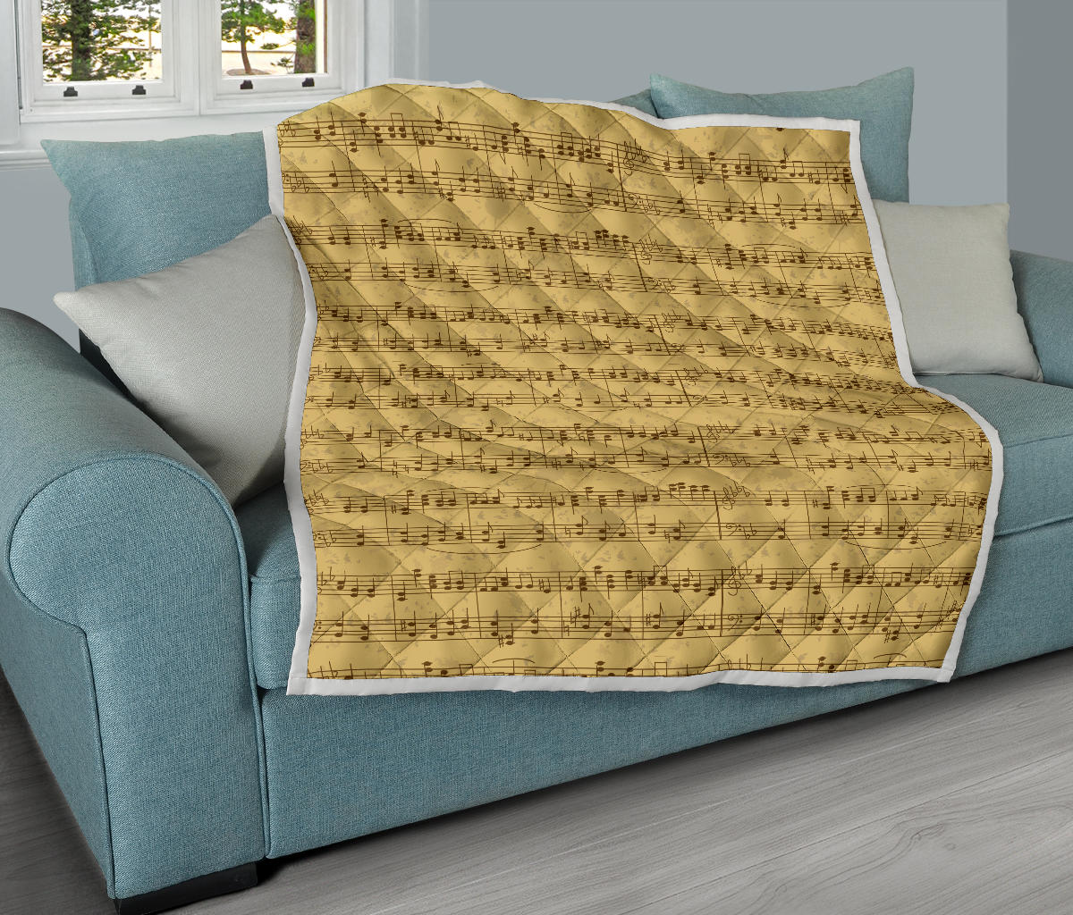 Music Note Vintage Themed Print Quilt Bedspread