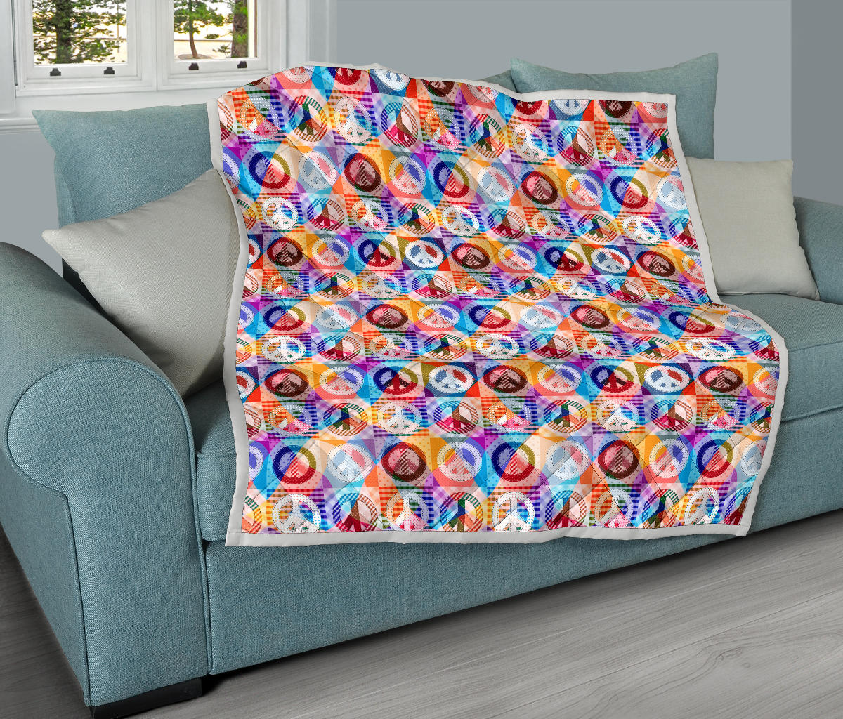 Peace Sign Patchwork Design Print Quilt Bedspread