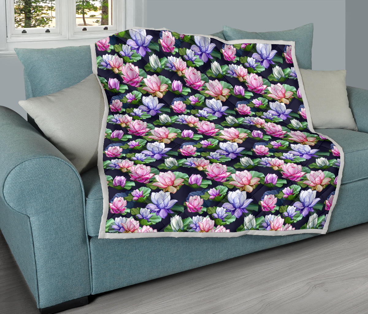 Lotus Flower Print Design Quilt Bedspread