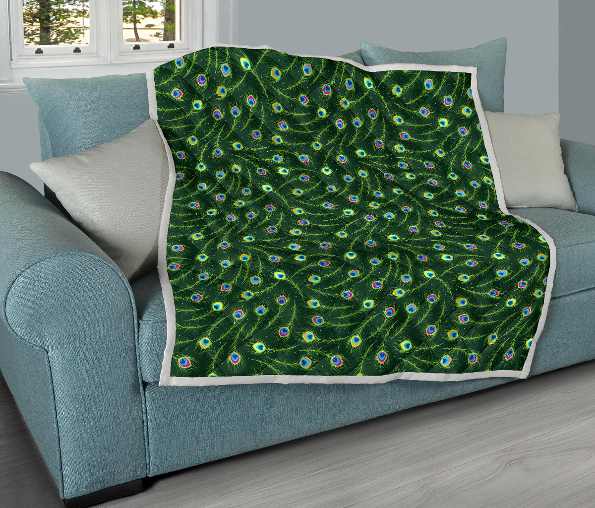 Peacock Feather Green Design Print Quilt Bedspread