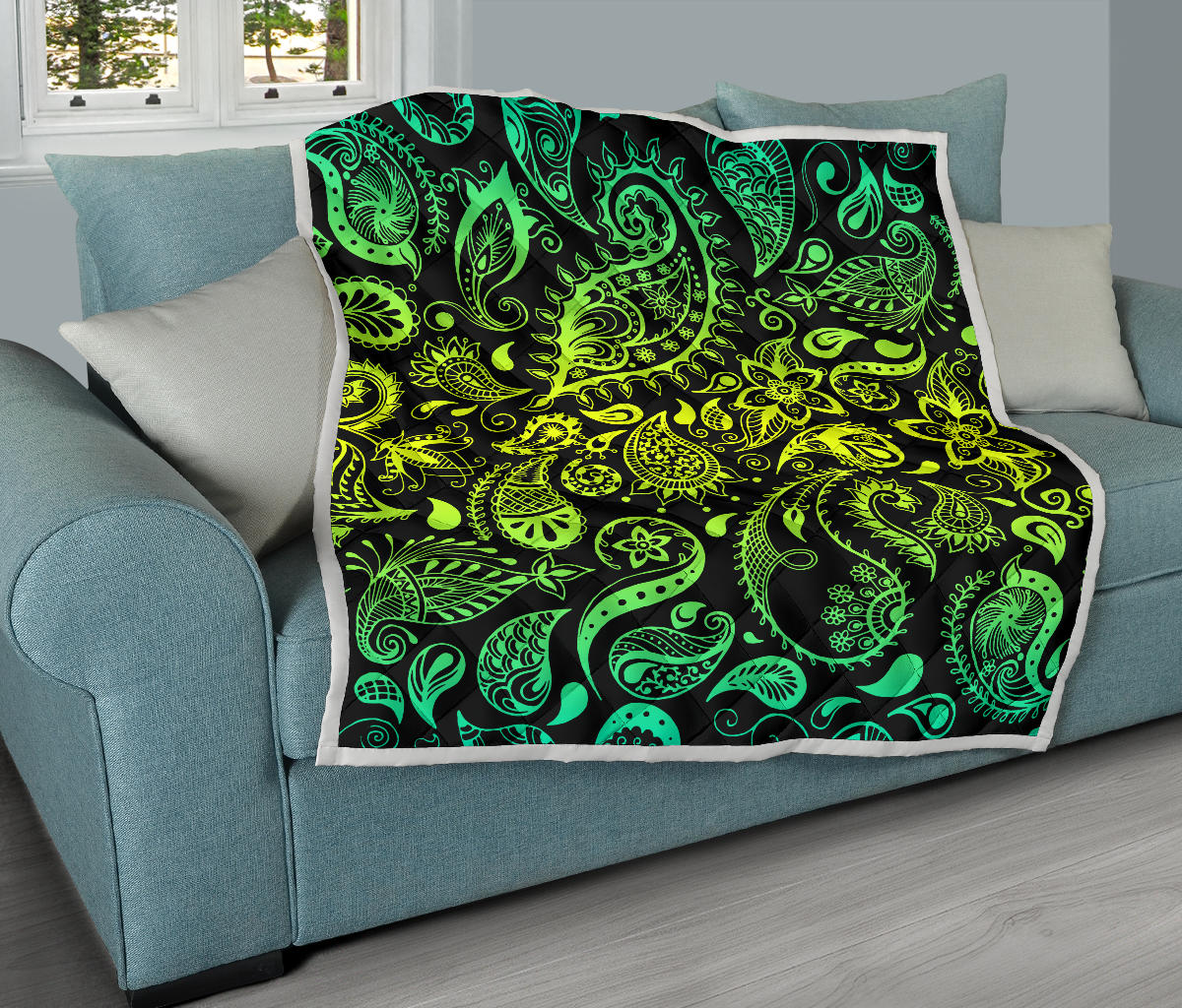 Paisley Green Design Print Quilt Bedspread