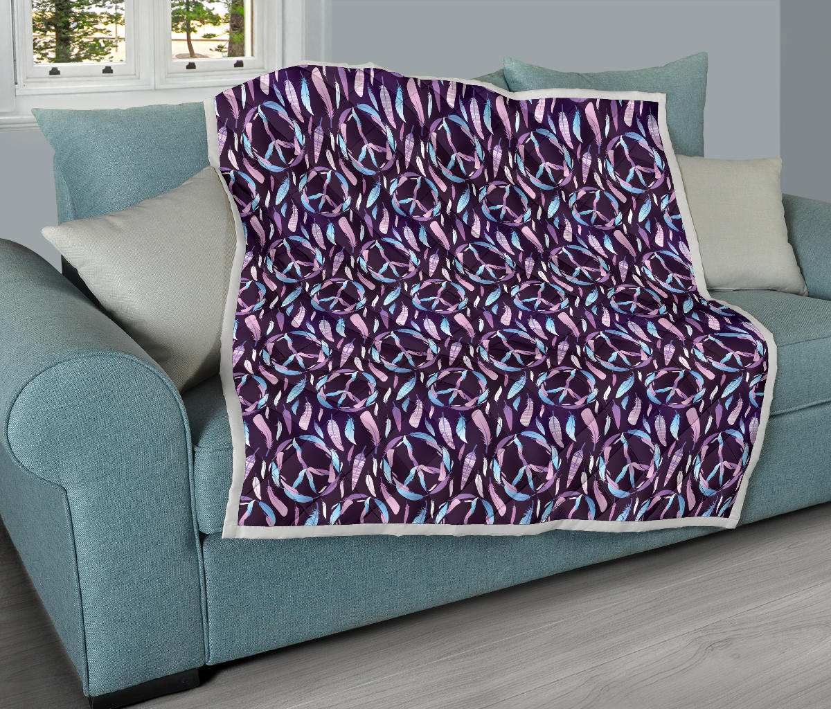 Peace Sign Feather Design Print Quilt Bedspread