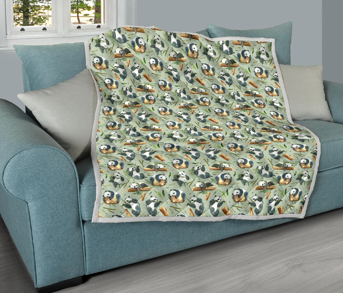 Panda Bear Design Bamboo Print Quilt Bedspread