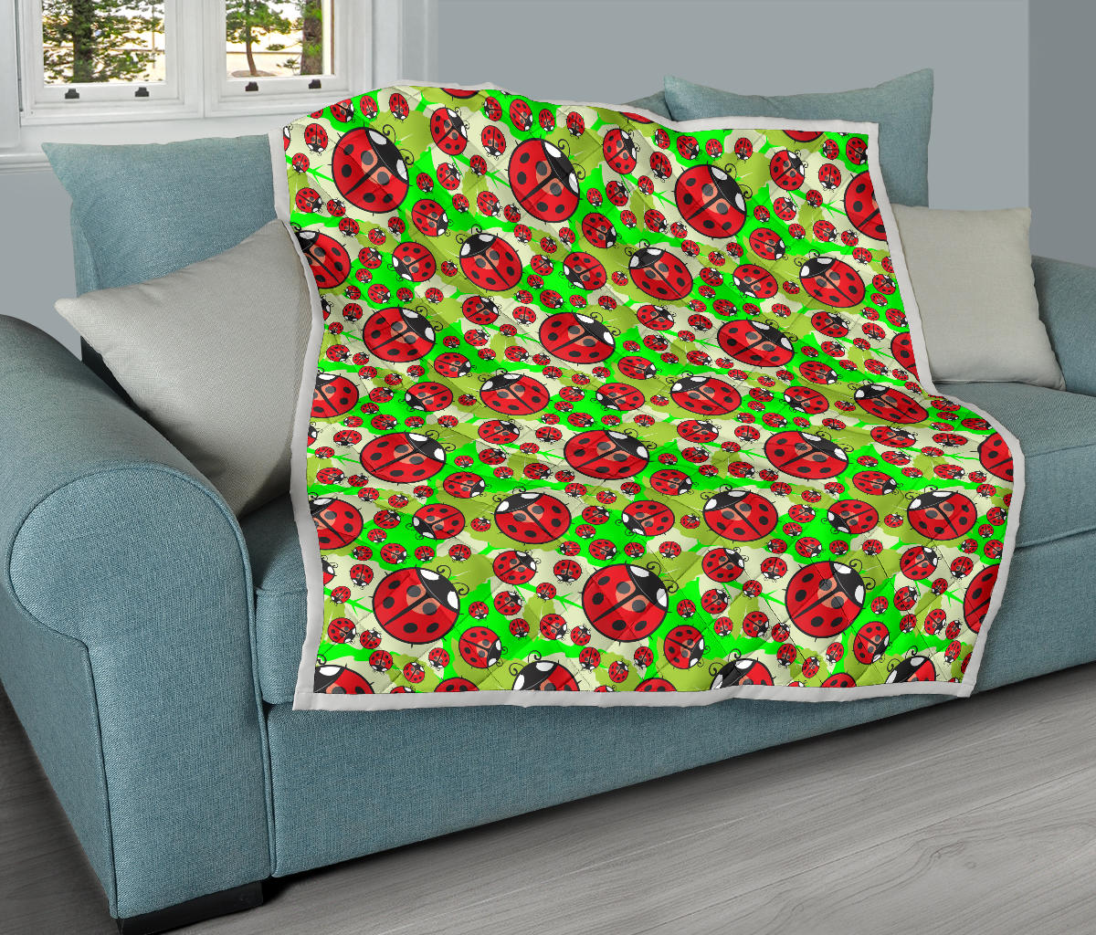 Ladybug with Leaf Print Pattern Quilt Bedspread