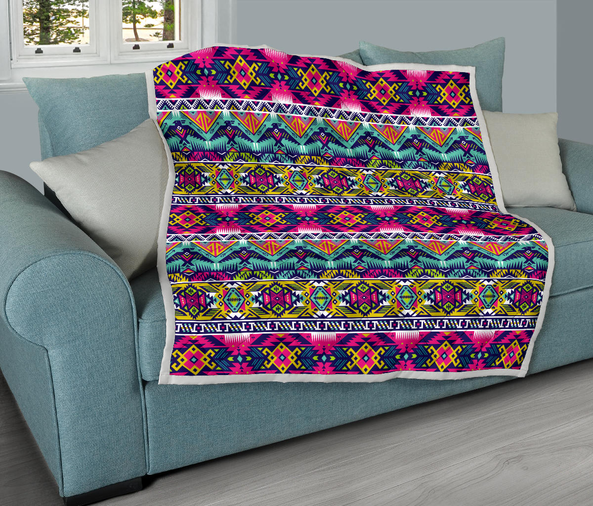 Indian Navajo Color Themed Design Print Quilt Bedspread