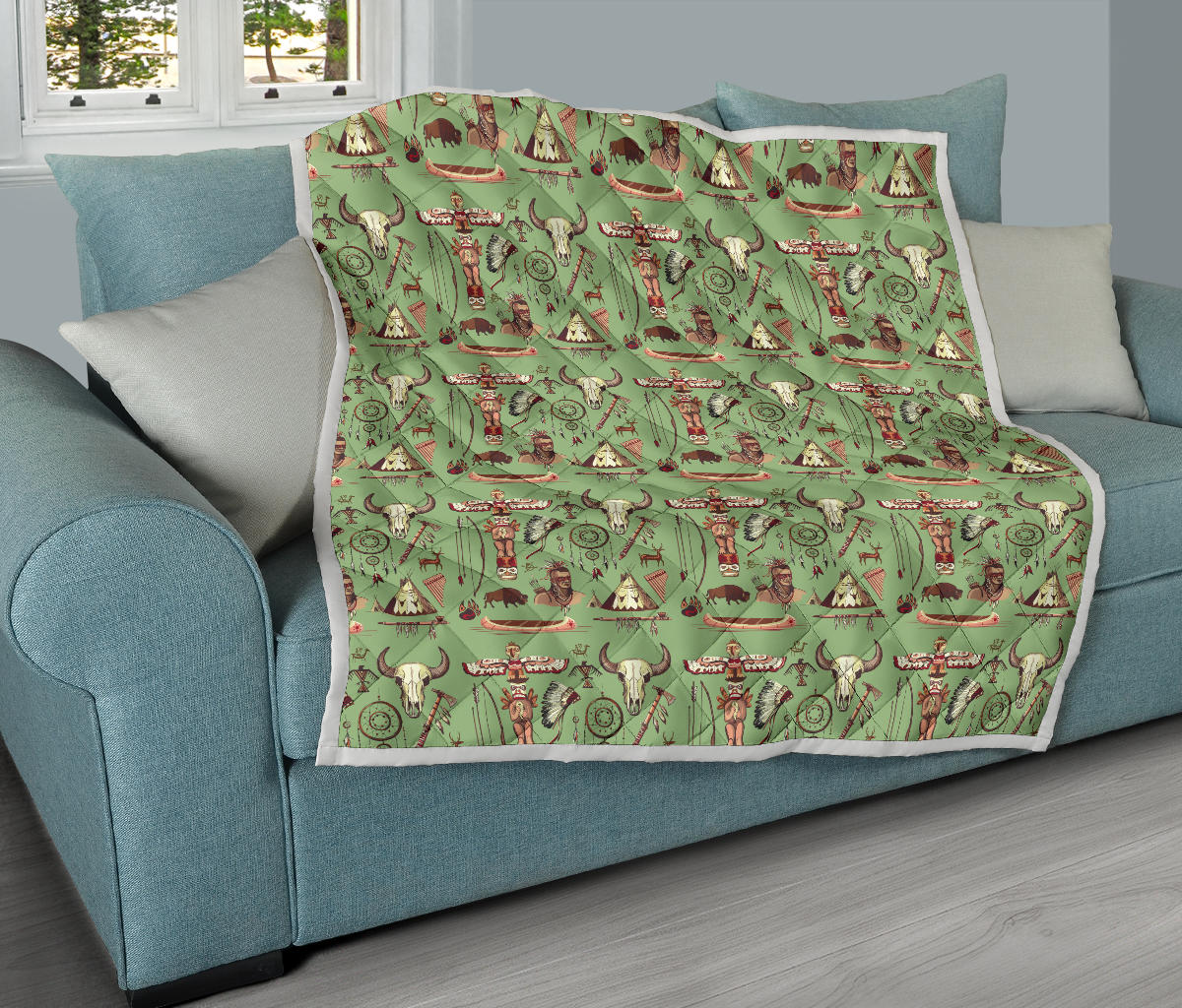 Native Indian Themed Design Print Quilt Bedspread